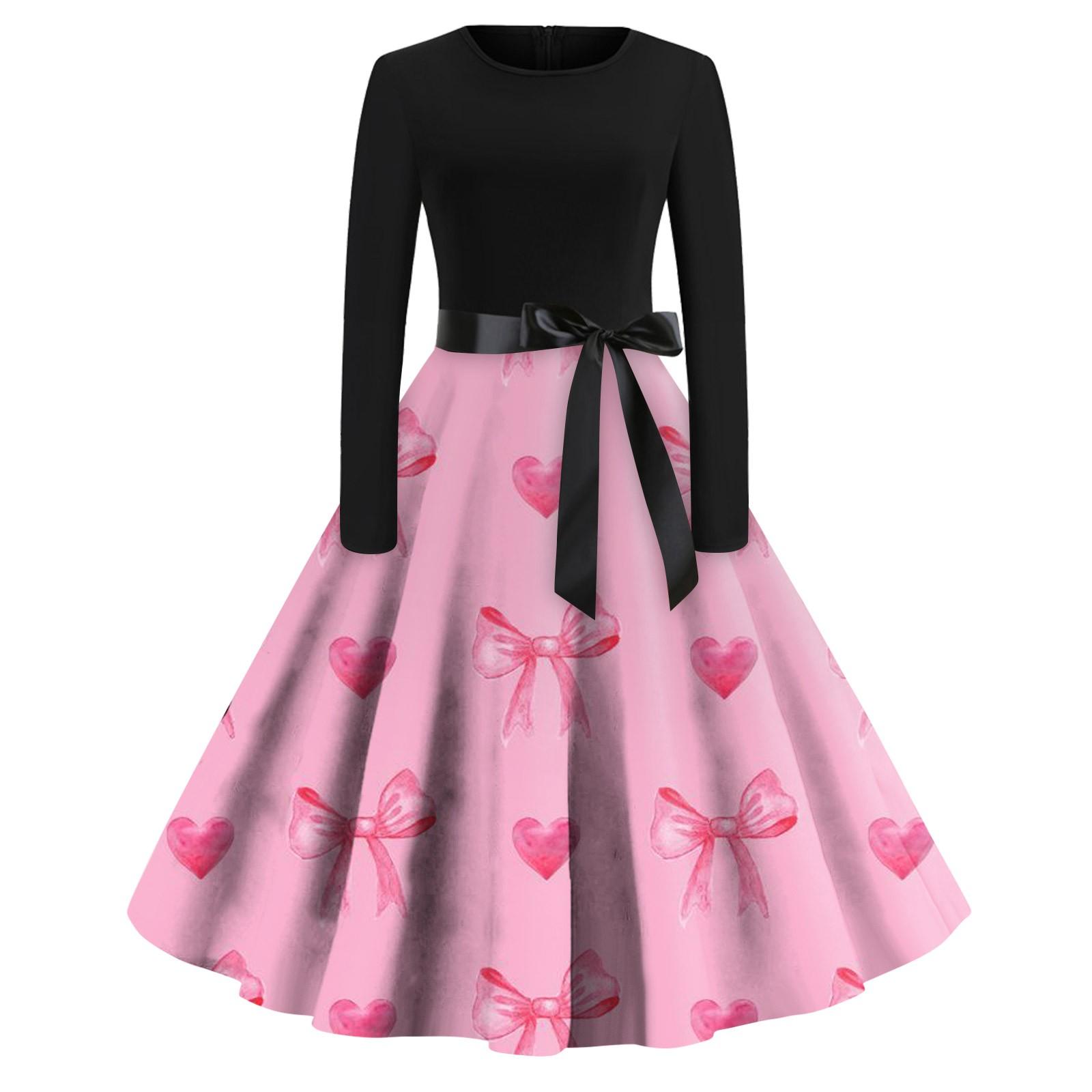 

Женское платье с круглым вырезом и большим подолом, плиссированная юбка с длинными рукавами, платье M розовый