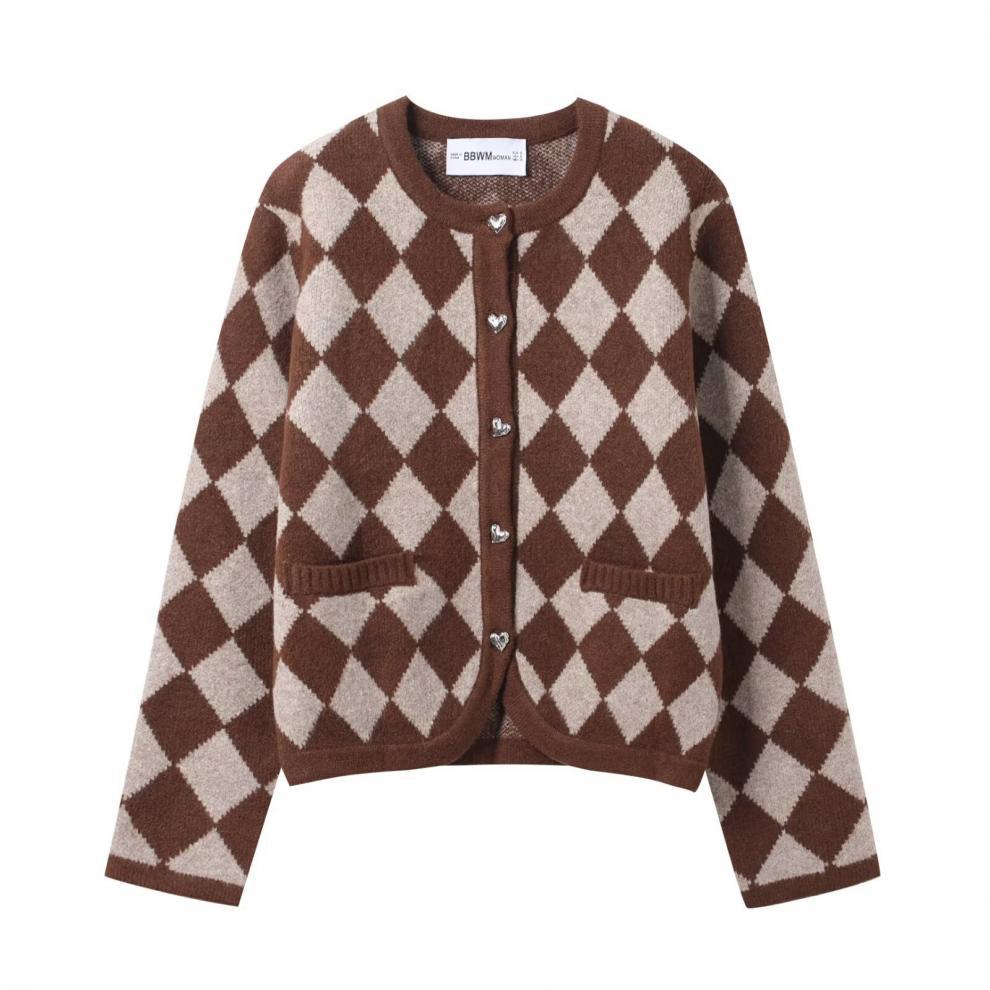  European and American style new women's fashionable versatile cross-border comfortable diamond-patterned jacquard knit jacket