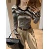 Semi Open Collar Color Block Striped Long Sleeve T Shirt Women Autumn Slim Fit Base Layer