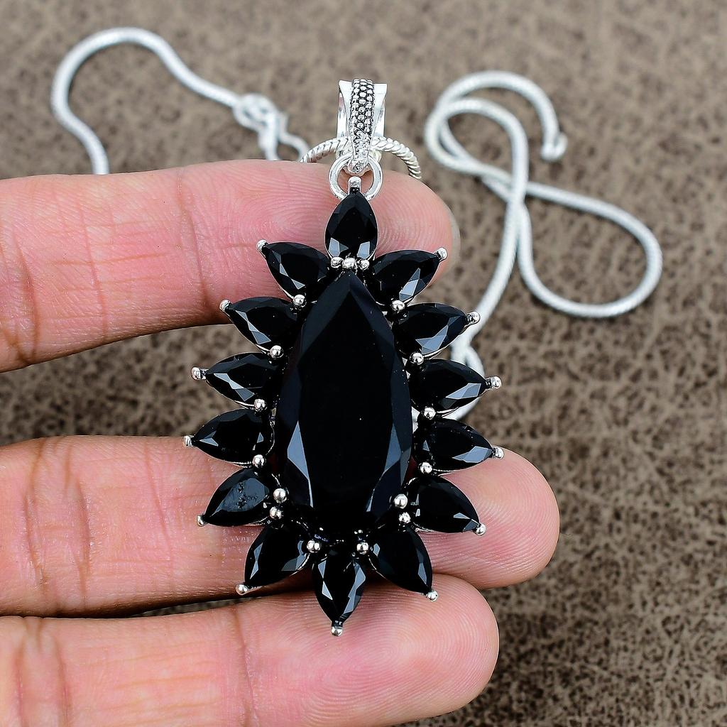 Black Spinel Gemstone Handmade 925 Sterling Silver Jewelry Pendant 2.48" KKG-291
