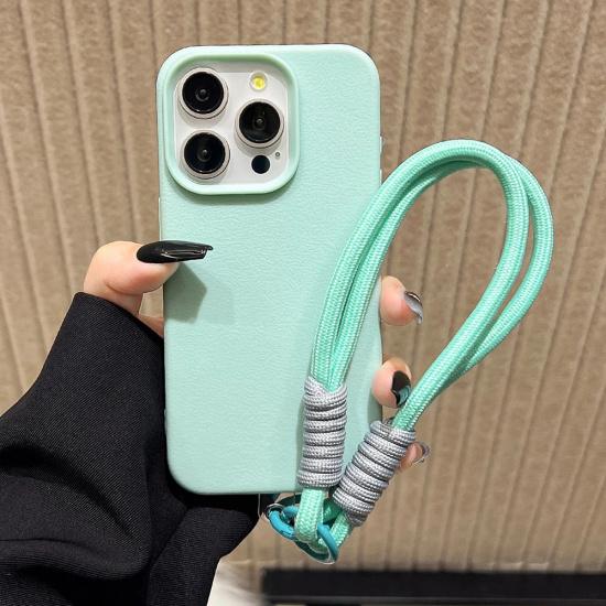 Cute Candy Leather Texture With Wrist Strap Case For iPhone 17 Air 16 15 14 11 12 13 16 Pro Max 16 Plus Solid Color Soft Cover