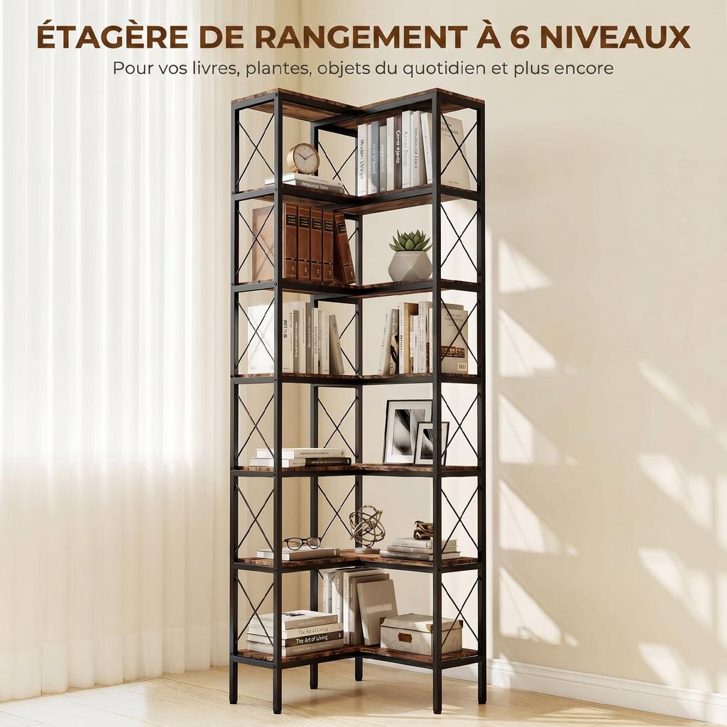 Corner Bookcase, 6-Tier, Metal Storage, 60 x 60 x 200 cm, Rustic Brown