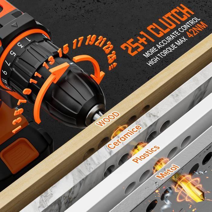 Perceuse Visseuse Sans Fil 20V - 2 Batteries 2.0Ah - 42Nm - 25+1 Réglages - 2 Vitesses