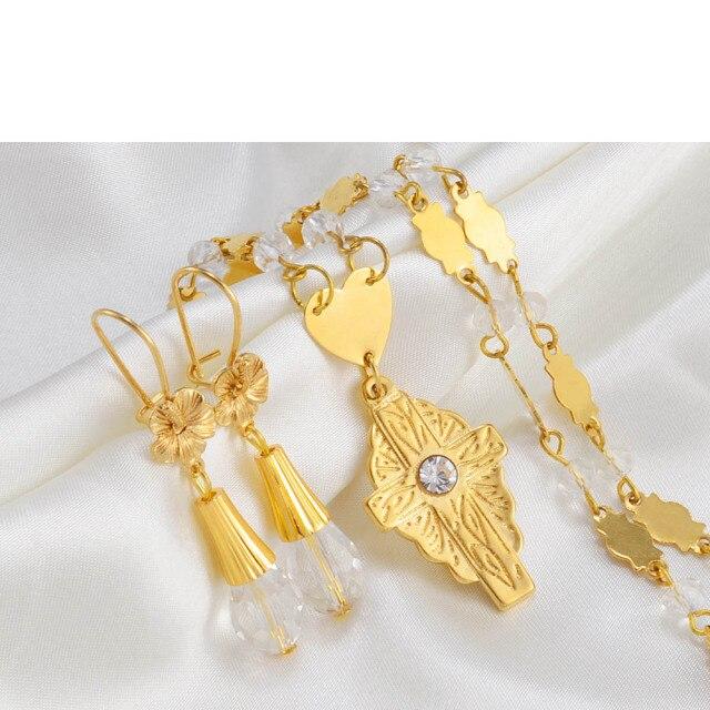 Anniyo Hawaiian Jewelry sets Flower Cross Pendant Necklaces Earrings Crystal Bead Ball Chains Guam Micronesia Chuuk #252106
