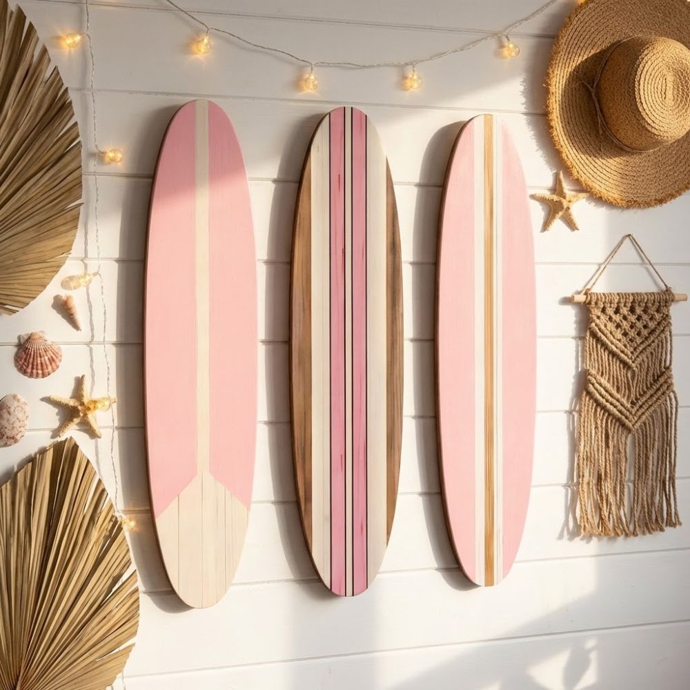3 Stück Sommer-Thema Surfbrett Wandbehang Hawaiianischer Stil Ozean Strand Surfbrett Schild Gestreiftes Muster mit Haken