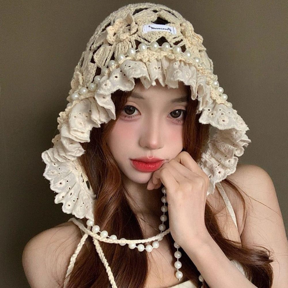 Pearl Tassels Crochet Flower Knitted Hat Bohemian Style Weave Cap Cute Lace Beanies  Outdoor