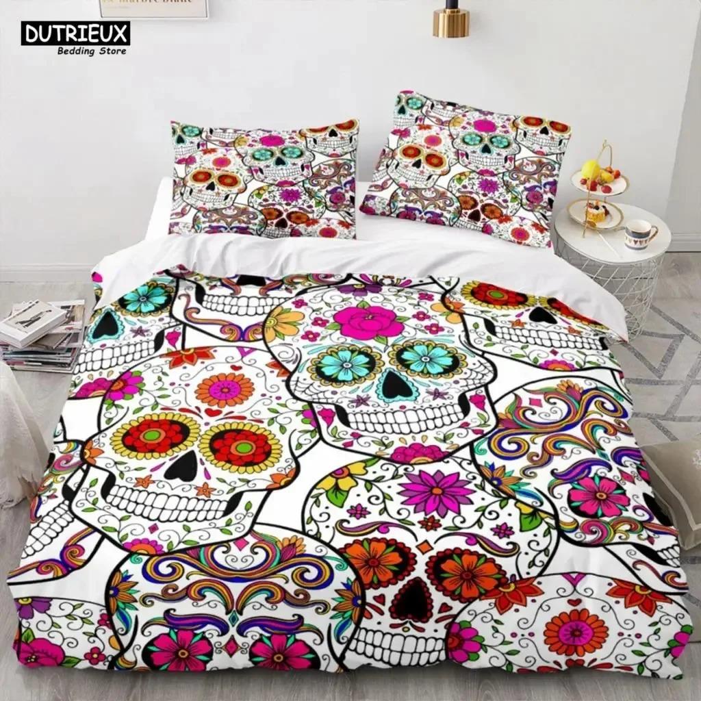 Skeleton Skull Bedding Set Queen King Full Size Duvet Cover Set With Pillowcases Rose Flower Bed Linen For Adults Teens