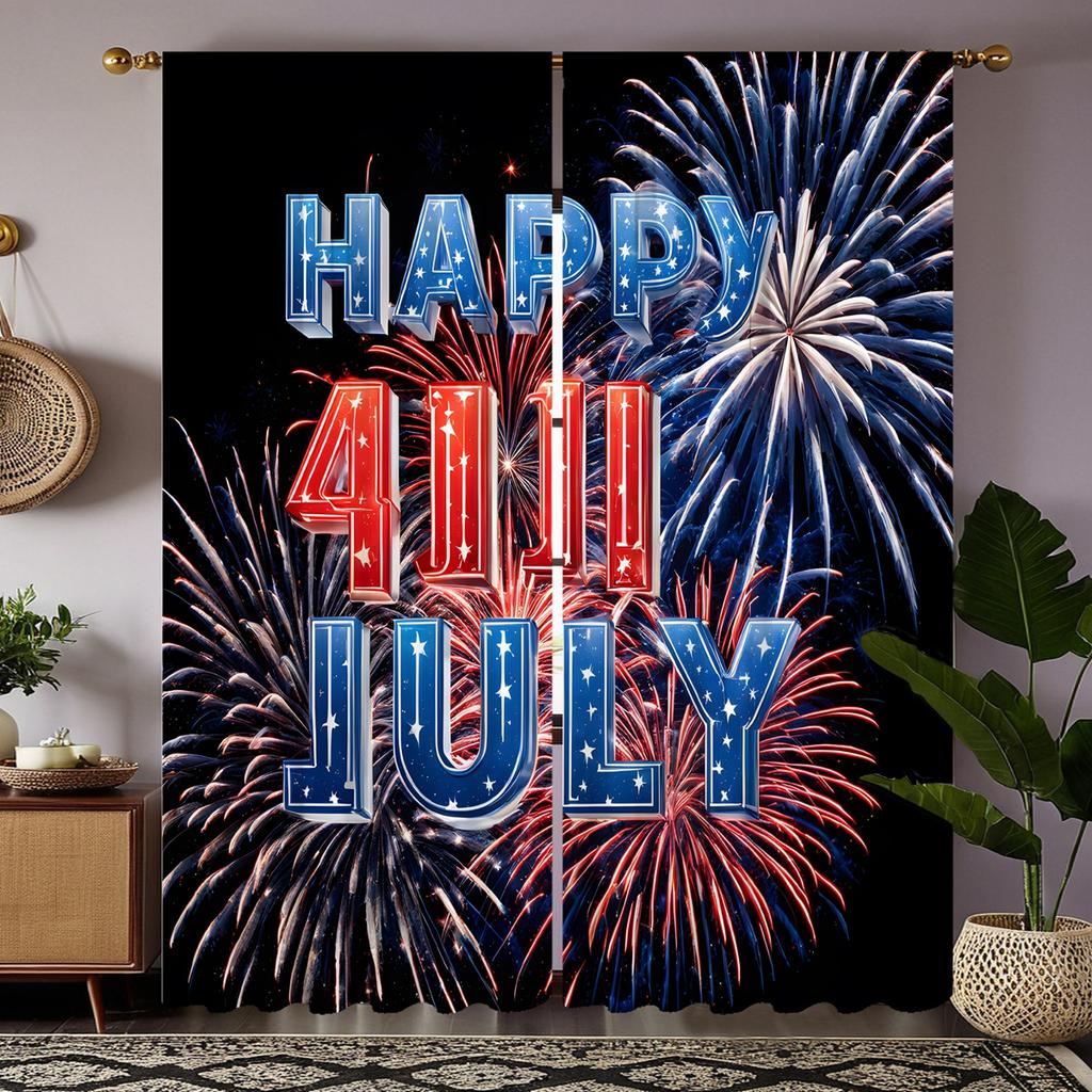 2 peças Dia da Independência Olá Julho cortina decorativa de fogos de artifício Cortina estampada digitalmente gravata preta estilo decoração de casa dec