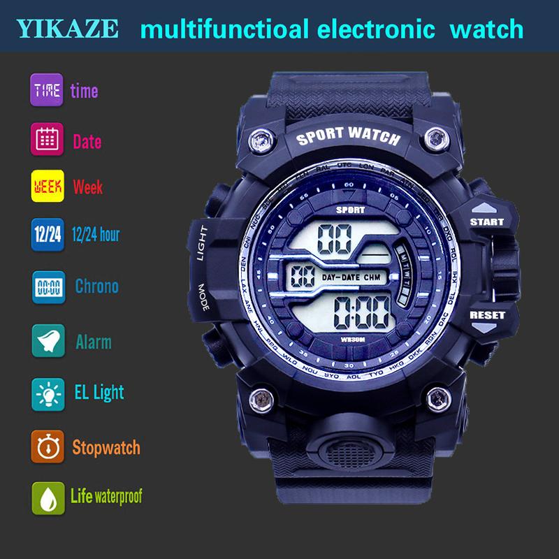 YIKAZE Men's Sports Watches Waterproof Luminous Men Sport Watch Multifunction LED Digital Watch Fitness Electronic Watch for Kid