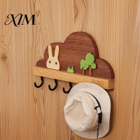 Wall Hooks for Leashes Solid Wood Key Holder with 5 Hooks, Decorative Mounted Adhesive Rack, Space Saving Organizer Entryway Kitchen And Office