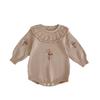 Baby Girl Spring Autumn Long Sleeve Ruffle Neck Knit Romper with Embroidery