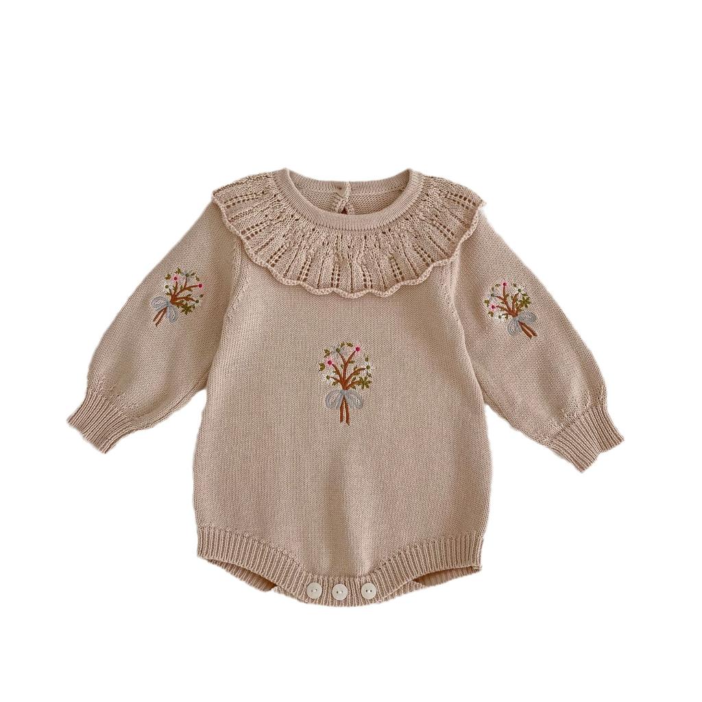 Baby Girl Spring Autumn Long Sleeve Ruffle Neck Knit Romper with Embroidery