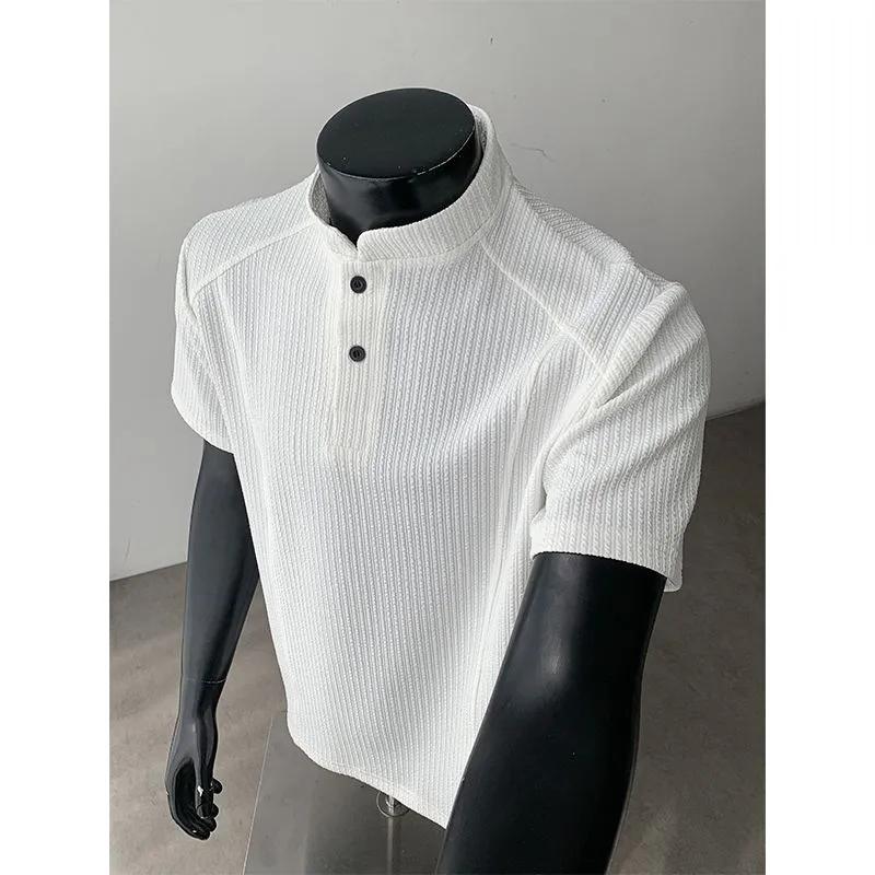 Men s White Vertical Rib Knit Stand Collar Short Sleeve Henley T-Shirt M белый