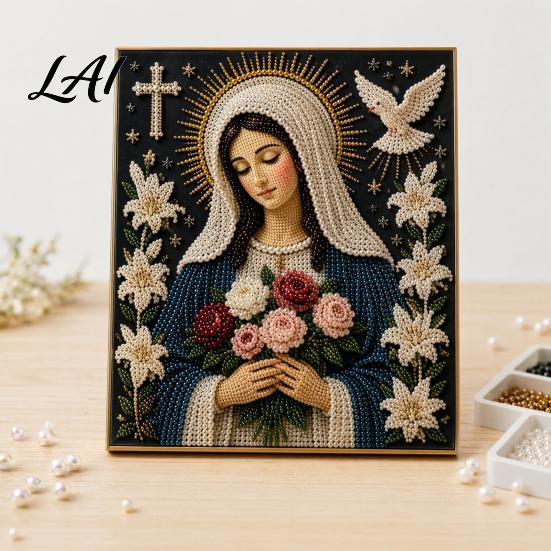 3D Pearl Painting Faith Kit Virgin Mary DIY Faux Art Religious Prayer Corner Decoration Craft Set Handmade Home Wall for Christian Corners Kit
