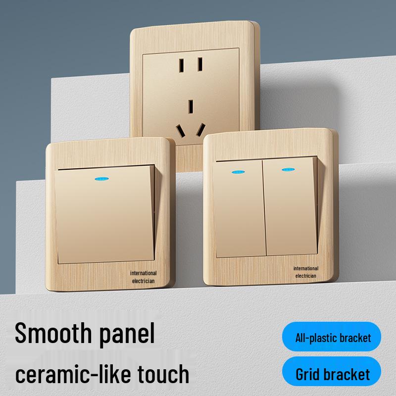 Gold 86 Typ Elektrische Nachttischlampe Wandschalterpanel mit Einzel-/Doppelsteuerung und Fünflochsteckdose