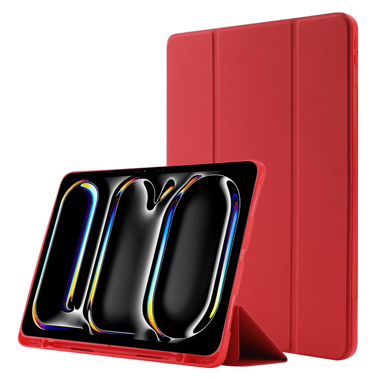 

For iPad Pro 13 (2024) Case Skin-touch Leather Tri-fold Stand Tablet Cover with Pencil Holder Red