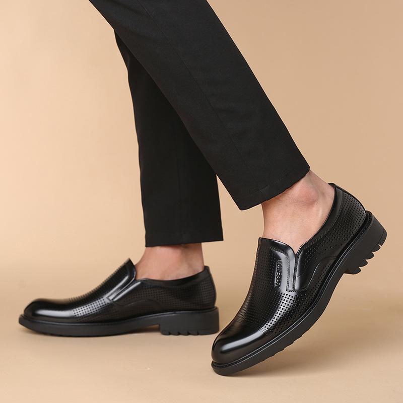 Old Man Head Men's Hollow Breathable Leather Shoes Black Round Head 2025 Spring and Autumn Trend Casual Foot Shoes 91078