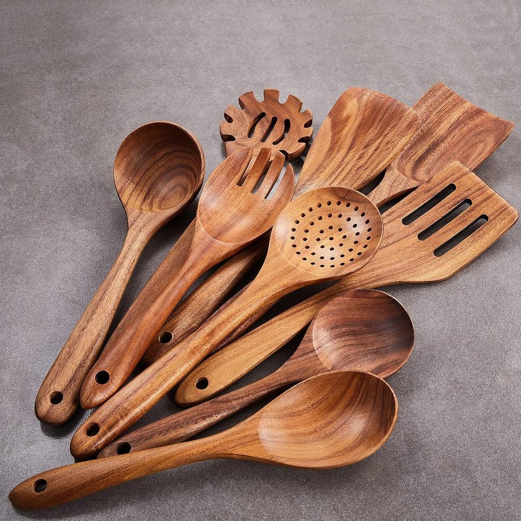 9 Piece Handcrafted Wooden Utensil Set for Non Stick Cookware