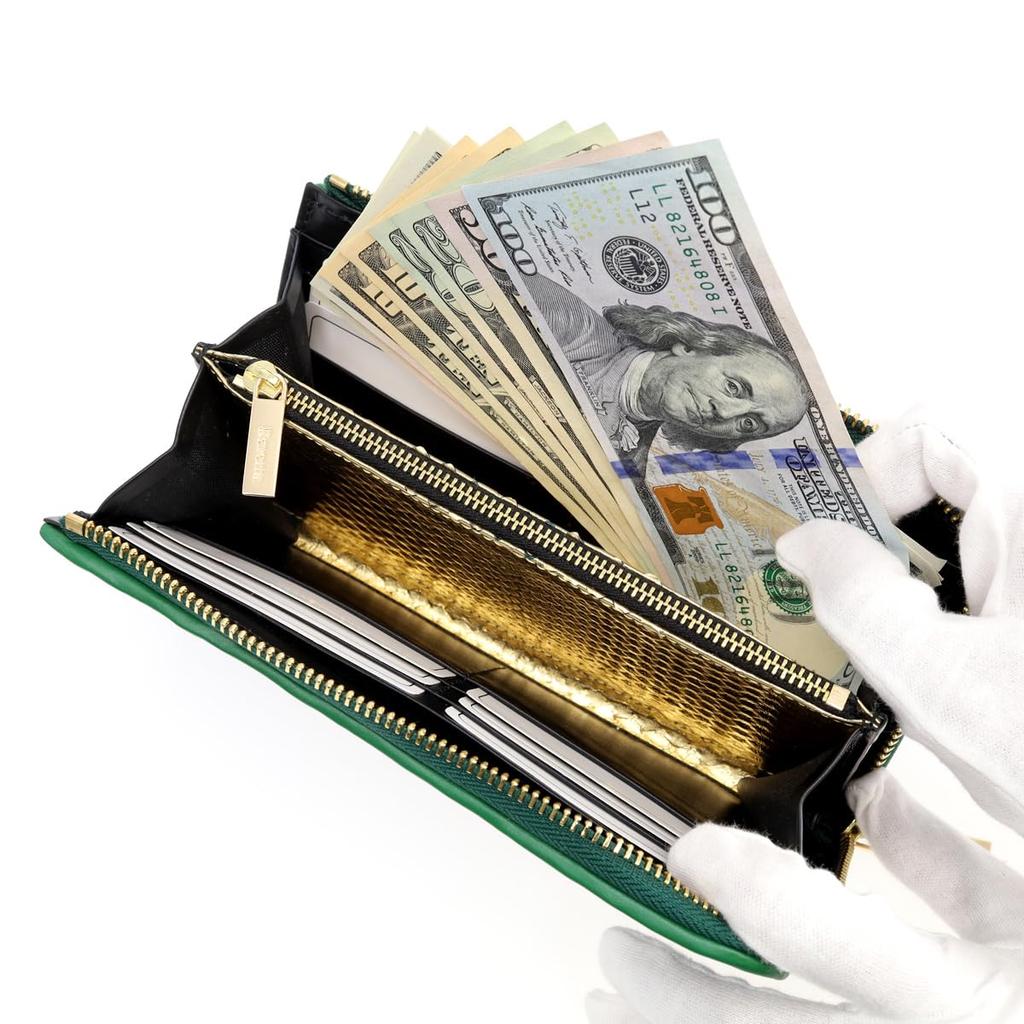 [Revetta] Crocodile Leather Long Wallet with Gold Python Interior, L-Shaped, Men's, Genuine Leather, Round Zipper, Green, Matte Finish [243crw]