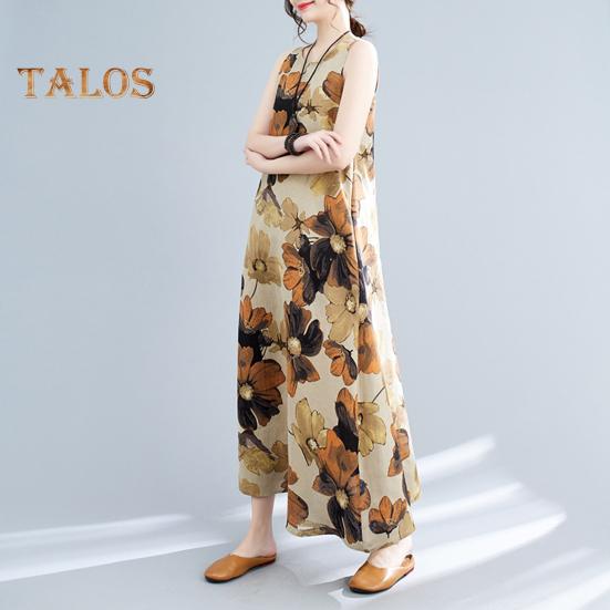 Boho Plus Size Cotton Linen Dress for Women Summer Sleeveless Printed Loose Long Dress Casual Round Neck Maxi Tank Dress
