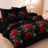 3Pcs Vibrant Red Rose with Crystal Duvet Cover Set, Black Floral Print Bedding, Ultra Soft Wrinkle Resistant Microfiber Bedding