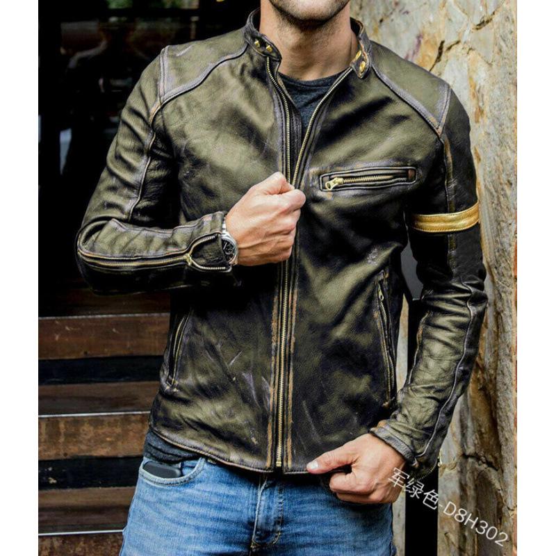 European & American Men's Stand Collar Punk Motorcycle Leather Jacket for Teens and Adults