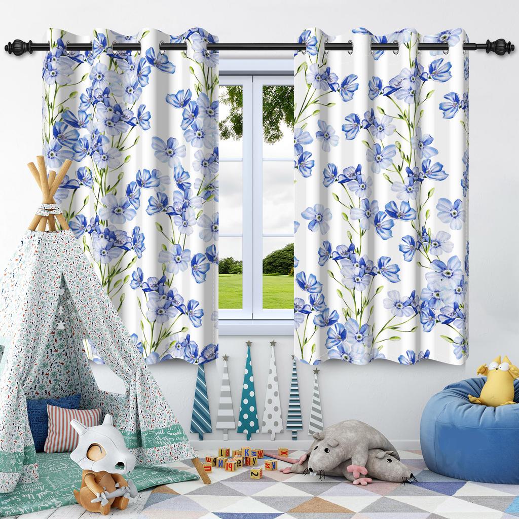 2pcs Plants Leaf Flowers Blue Blackout Curtains Home Bedroom Living Room Darkening Apartment Decoration Grommet Window Drapes