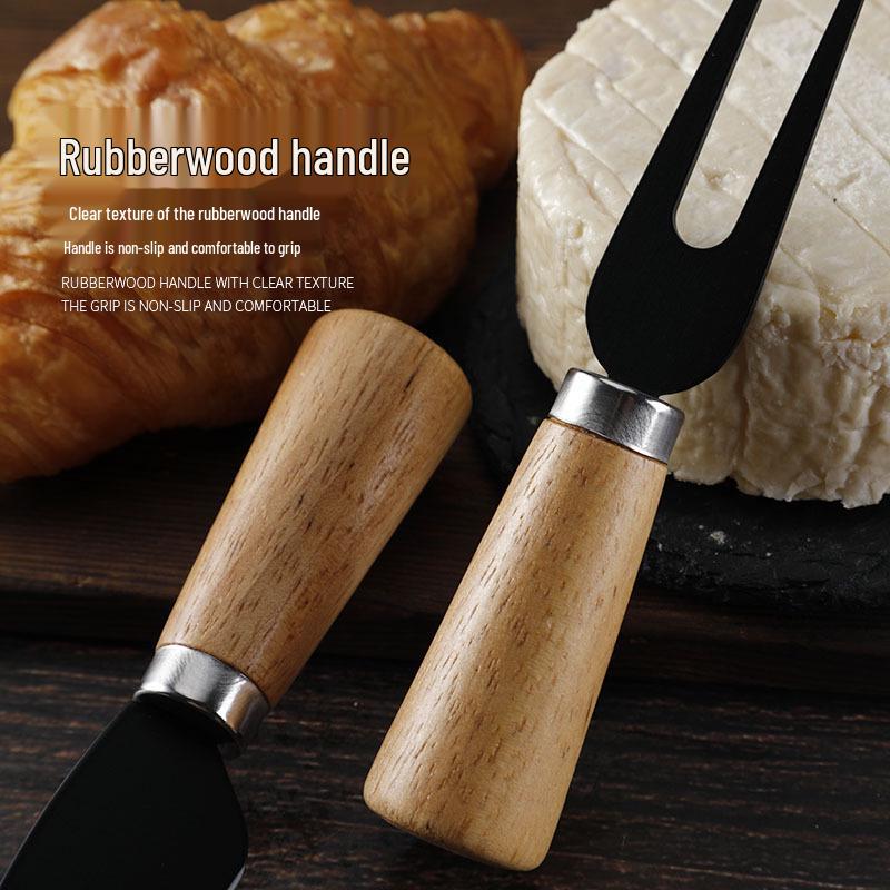 Stainless Steel Black Cheese Knife Set with Rubber Wood Handle for Butter & Pizza