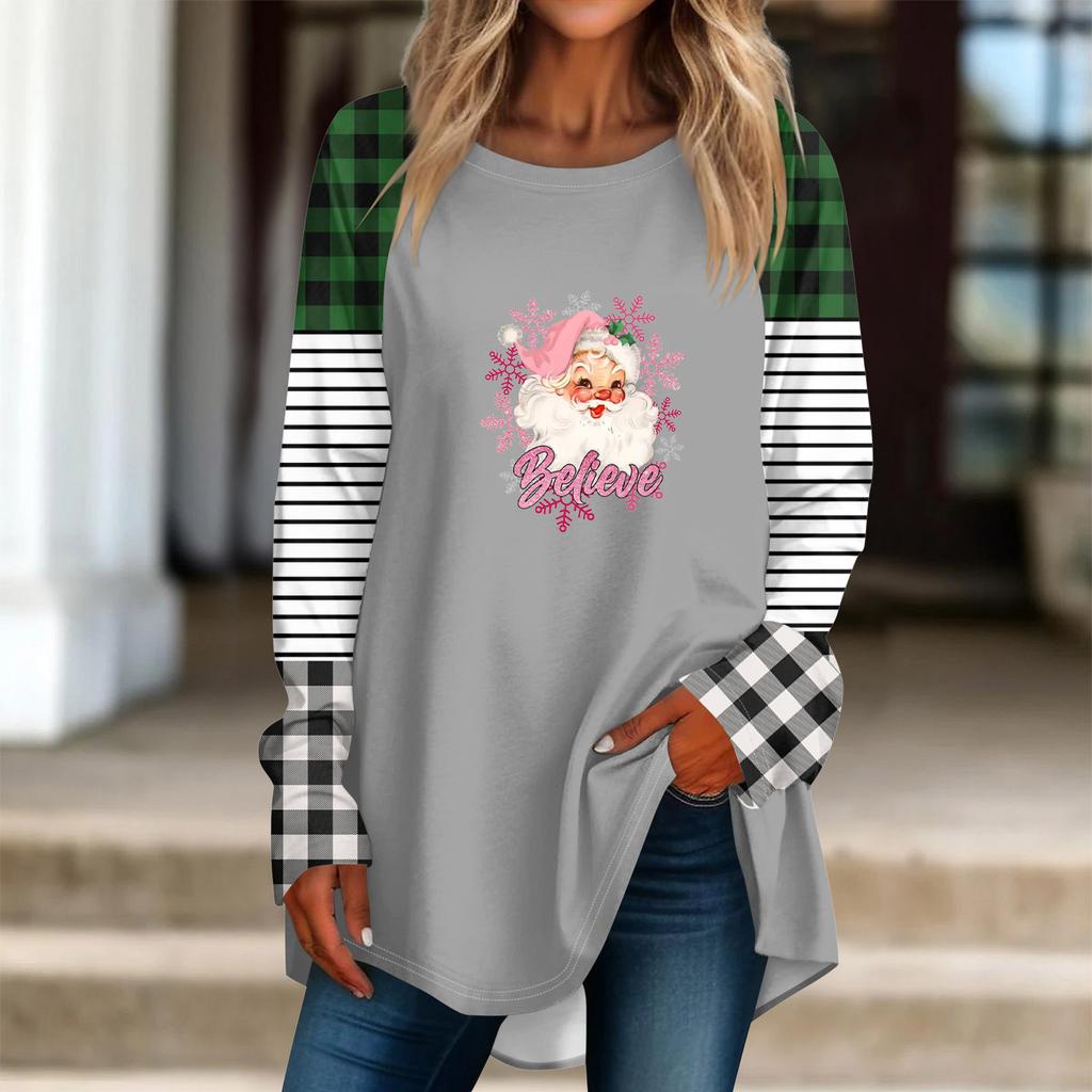 Fashionable Women's Loose Round Neck Christmas Small Print Long-sleeved T-shirt Top Pullover