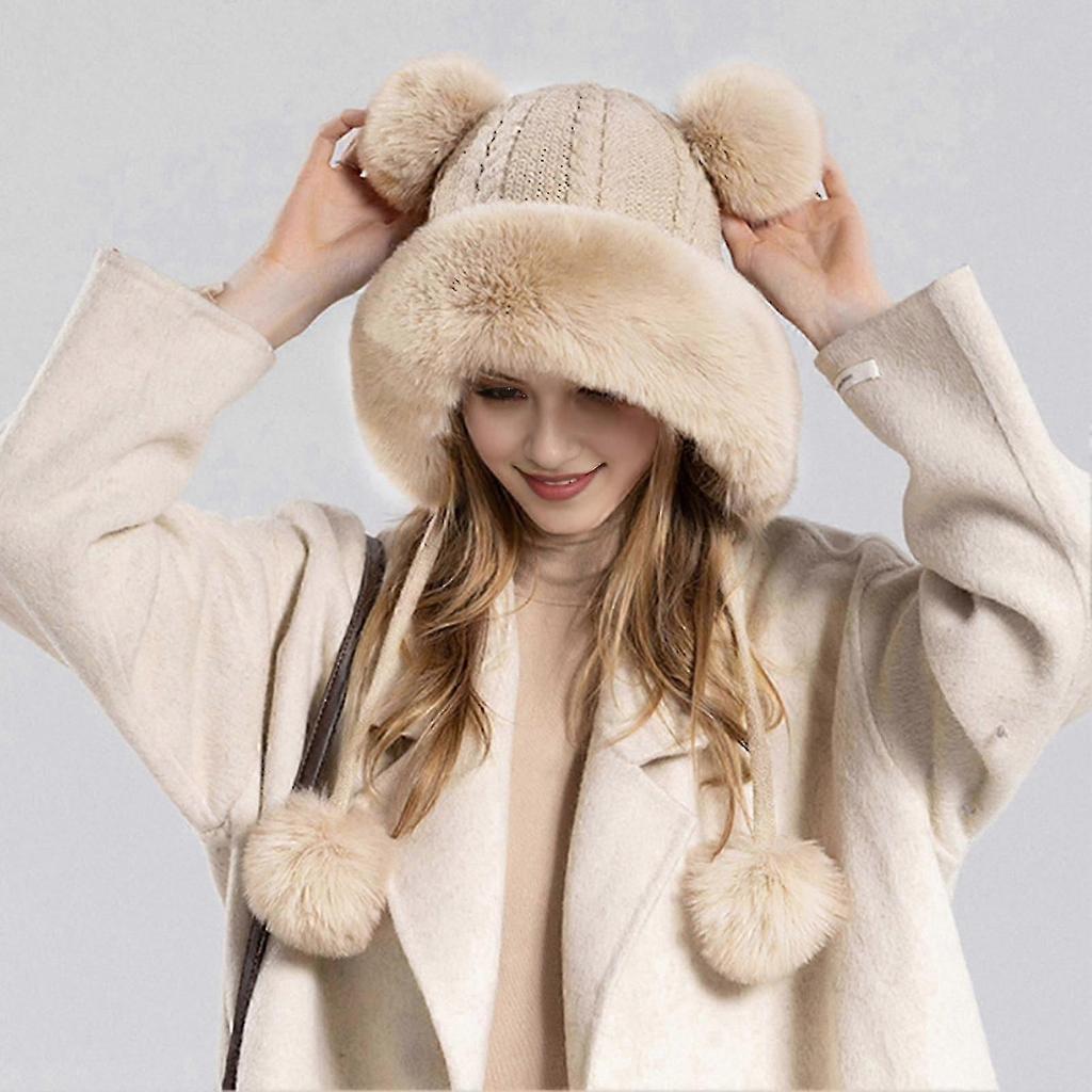 Winter Ladies Hat Fluffy Plush Thickened Heat Retention Ball Decor Ear Protection Solid Color Windproof Outdoor Camping Cycling Skiing Headwear -3-10