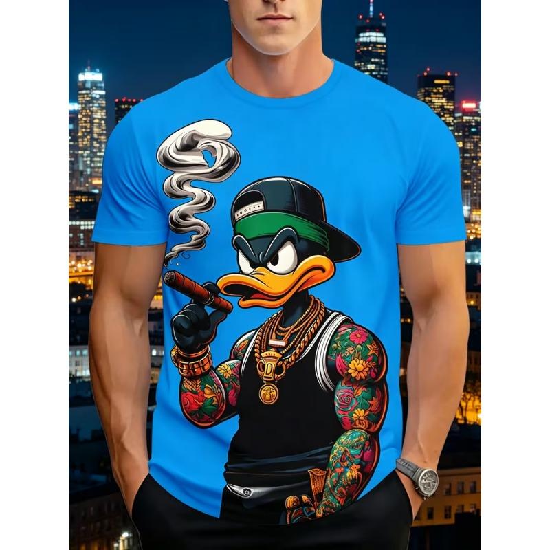 Mens T-shirt cool cartoon duck character sunglasses coffee graffiti splash letter print short sleeve crew neck street casual top