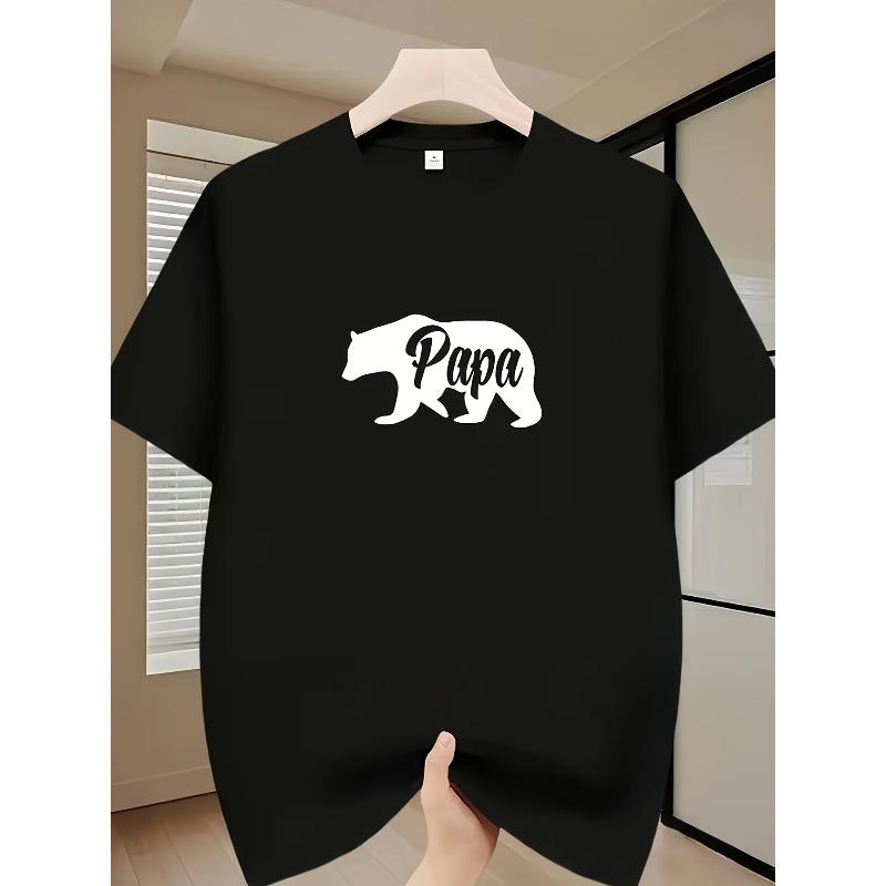 

European Size Men s Breathable Loose Fit Casual T-Shirt with Bear & Papa Print - Short Sleeve Round Neck Summer Top Suitable for Casual Attire 4XL чорний