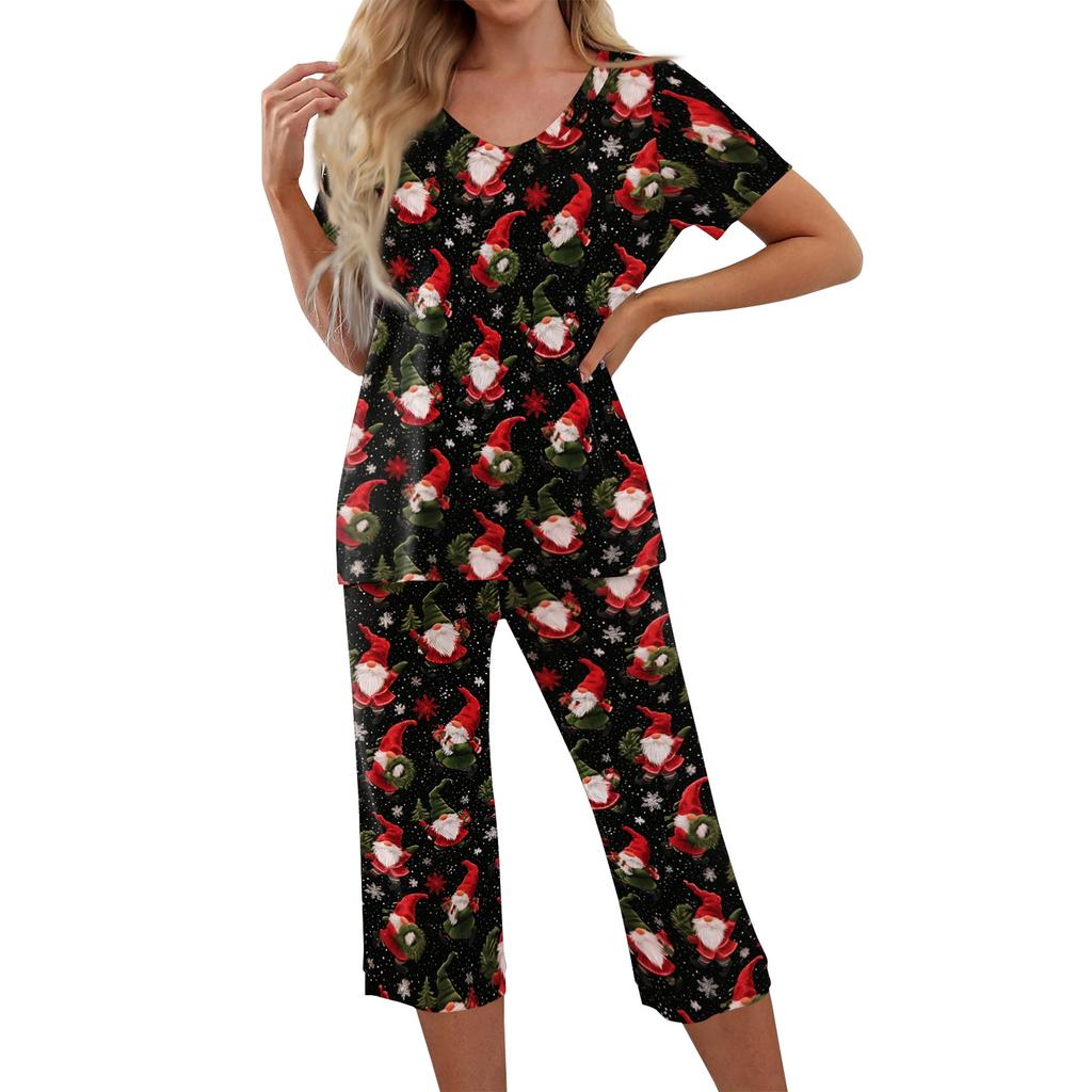 Women's Christmas Print Two Piece Athletic Outfit Short Sleeve Top and Casual Pants