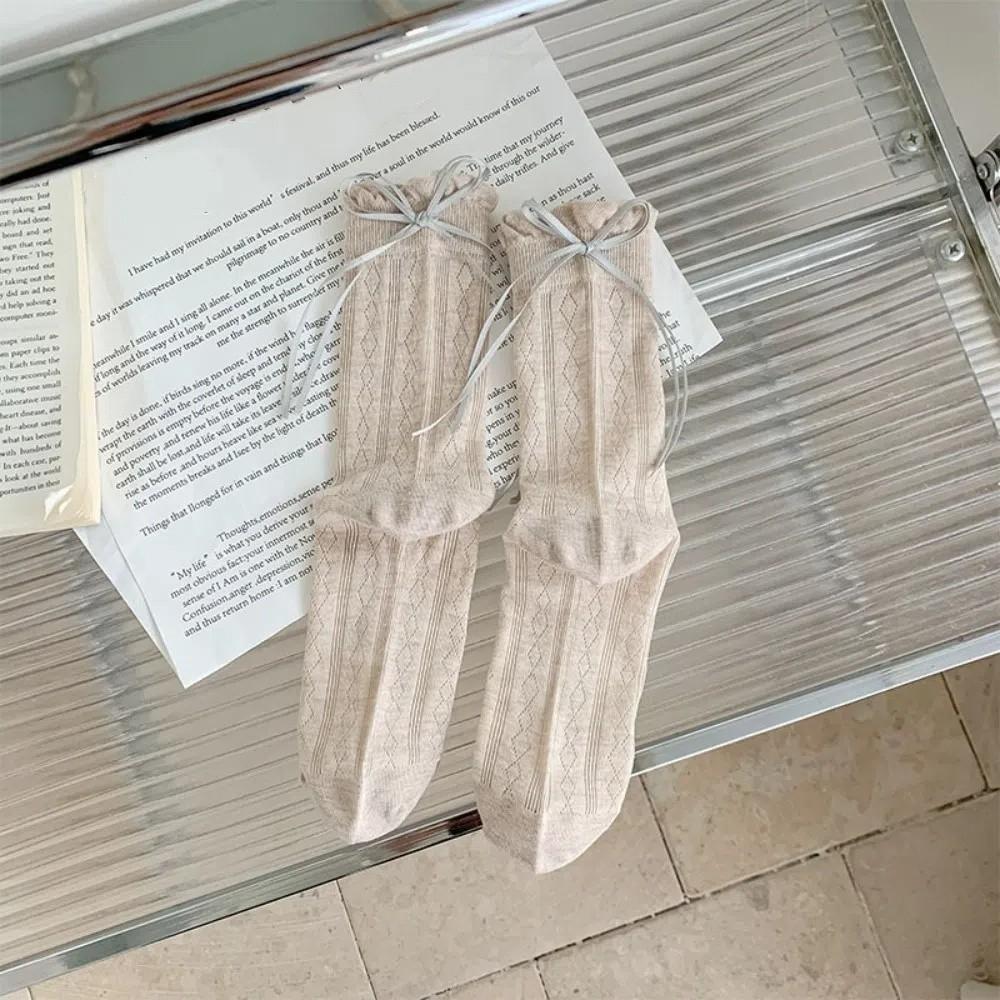 Solid Color Long Socks Breathable Bowknot Socks Soft Women's Socks  Summer
