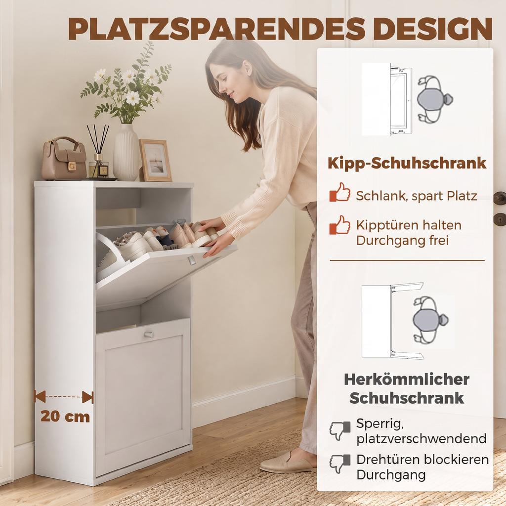 Shoe Cabinet With 2 Flip Compartments Adjustable Shelves For Up To 8 Pairs Of Shoes White
