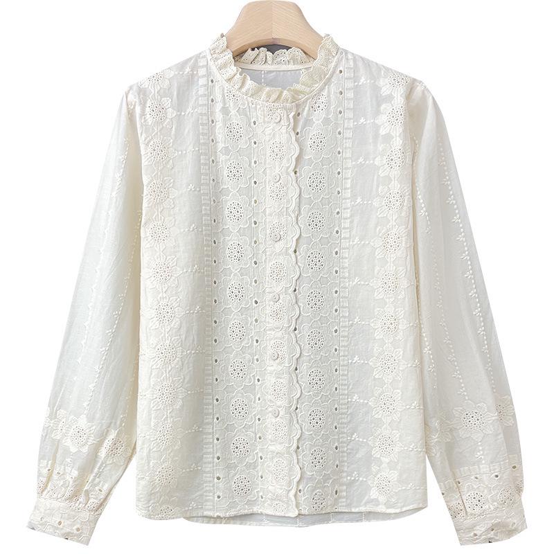 Women's Apricot Lace Collar Embroidered Long Sleeve Shirt - Spring 2025 Collection