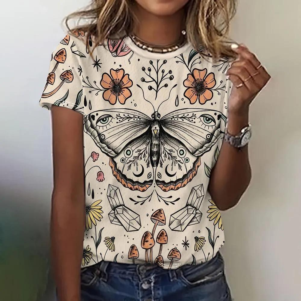 T-shirt da donna estiva a girocollo con stampa fantasia farfalla 3D, alla moda e casual a maniche corte