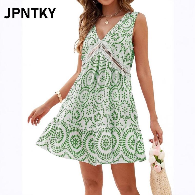 JPNTKY אופנת נשים קיץ אביב שמלות קז'ואל ללא שרוולים עם צווארון וי