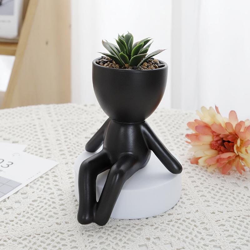 Creative Black Figure Flower Pot Succulent Plant Pot for Home Tabletop Decor Black Figure Cactus Potted Abstract Statue PlantPot
