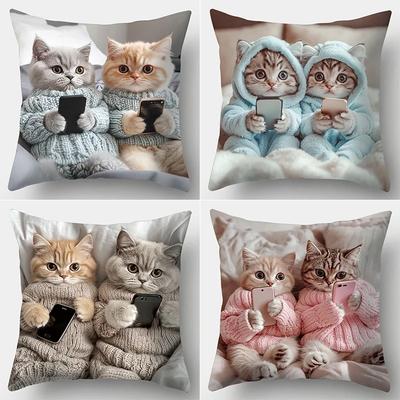 Cute Kitten Pattern Cushion Cover for Looking At Cell Phone 18x18in Cartoon Style Pillow Covers for Home Decor and Gift Giving
