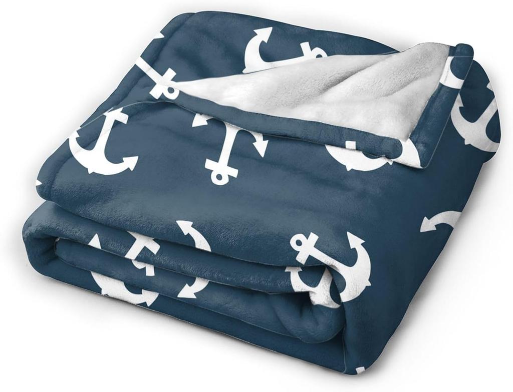 Navy Blue Nautical Anchors Throw Blankets All Season Ultra Soft Warm Fleece Blanket for Home Bed Sofa Couch Chair Outdoor Travel