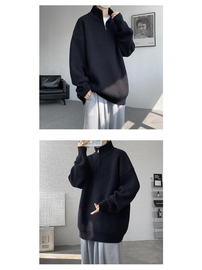 Men's Plus Size Casual Loose Knit Half-Zip High-Neck Pullover Sweater for Autumn and Winter