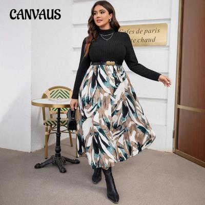 Plus Size Women's New Autumn Printed Color Matching High Neck Waist Dress
