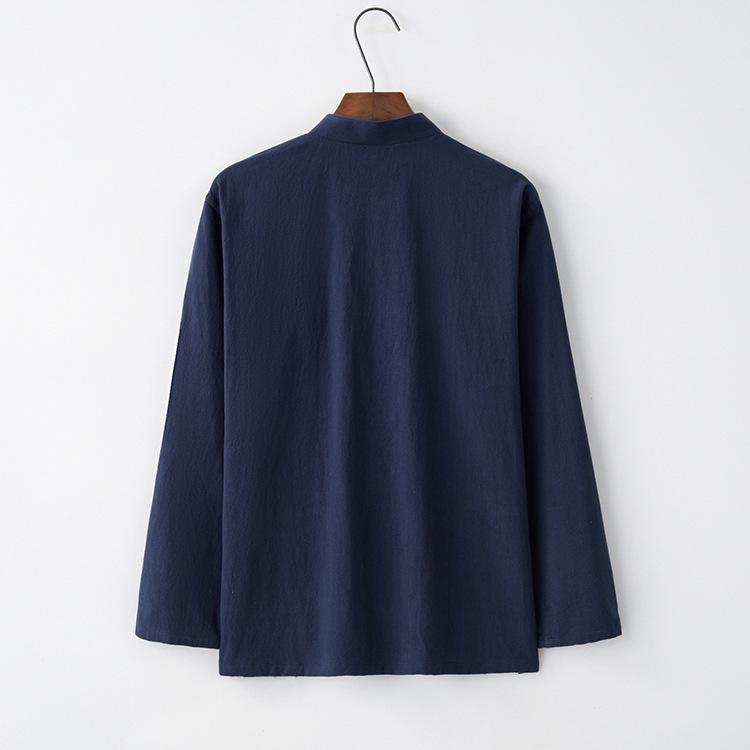 Men’s Chinese Cotton Linen Tang Suit Long Sleeve Frog Button Kung Fu Shirt - Hanfu Zen Meditation Top for Middle-Aged & Elderly (Spring)