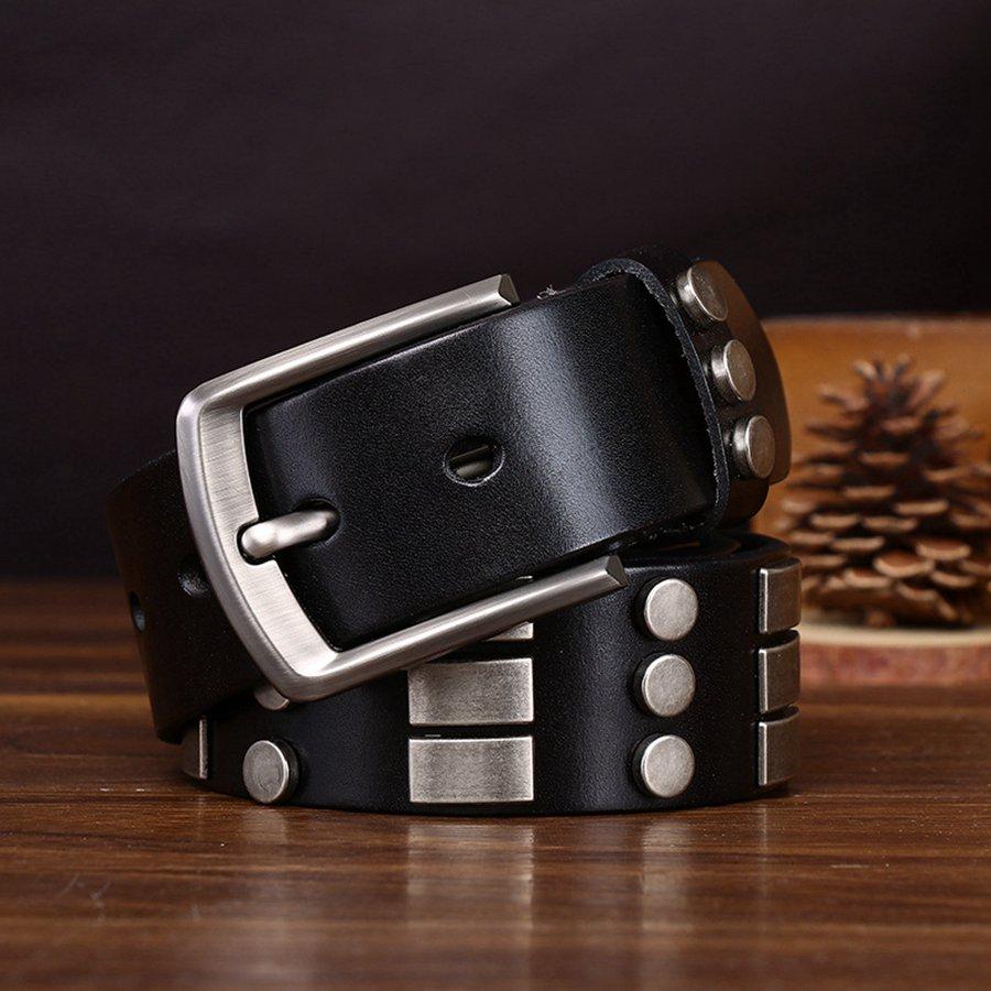 

Rivet Belt Genuine Leather Belt for Jeans Dress New Leather Jeans Belt with Stitch Design and Prong Buckle Male Waistband 3.8cm 125cm чорний