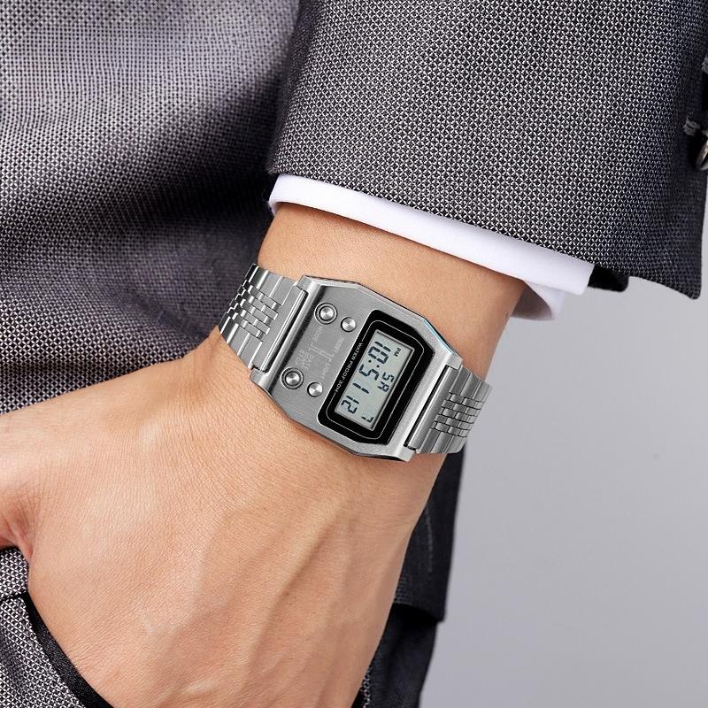 Mens Wristwatches Stainless Steel Sport Retro LED Electronic Waterproof Digital Watch