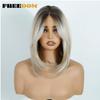 FREEDOM 13x4 Synthetic Lace Front Wigs For Women Short Bob Wig With Bangs Pre Plucked Wear And Go Pre-cut Ombre Blonde Lace Wigs