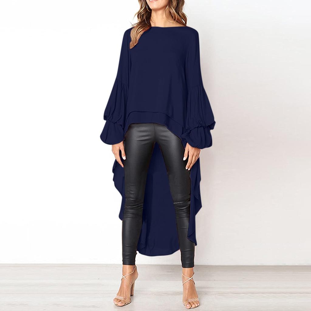 Women's Casual Loose Round Neck Long Sleeve High Hem Irregular Top Shirt