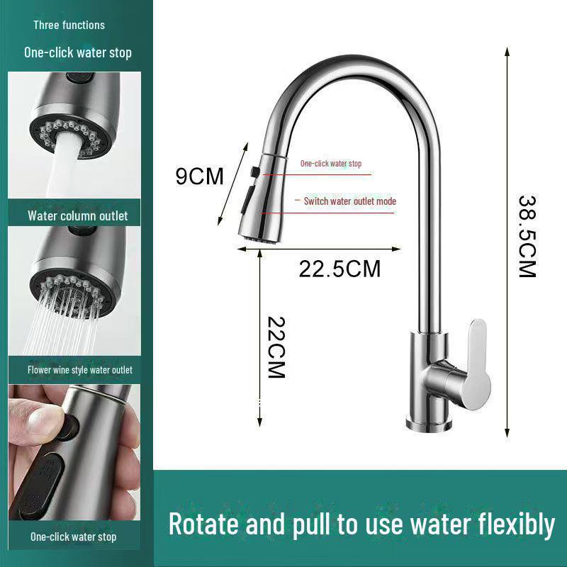 Baterie de bucătărie extractibilă din oțel inoxidabil cu temperatură dublă și cioc retractabil și rotativ