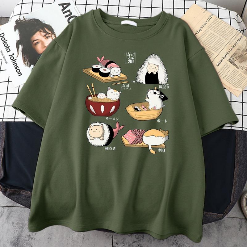 Food Cute Cat Sushi Cartoon Style Mens Cotton Short Sleeve Harajuku Casual All-math T-Shirts Oversize Fashion Man Tee Clothing